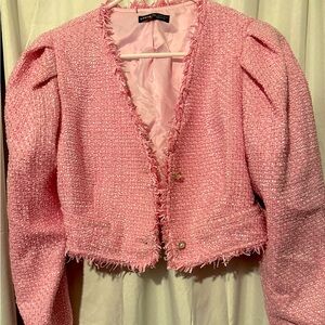 Raw Trim Puff Sleeve Crop Tweed Overcoat